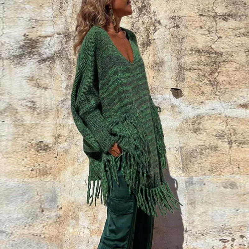 Autumn Women Solid Color Irregular Pullover Dress Fashion V Neck Long Sleeve Tassel Knitted Sweater Casual Loose Ladies Sweater