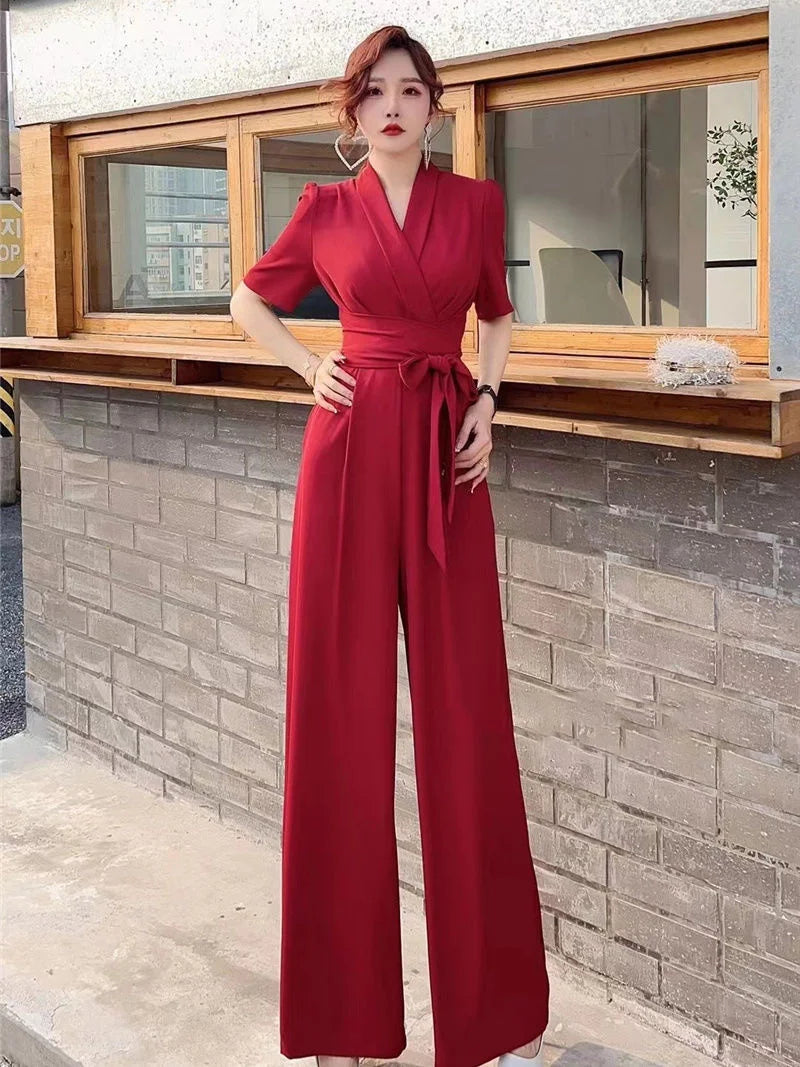 Jumpsuits Summer New High end Jumpsuit Women's Elegant Solid Color High Waist Slim Lace up Wide Leg Dropping Bodysuit Women Sets