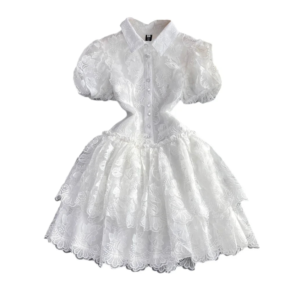 Vintage Elegant Lapel Single-Breasted White Embroidery Puff Sleeve A- Line Cake Dress Cross-Border Summer 2022