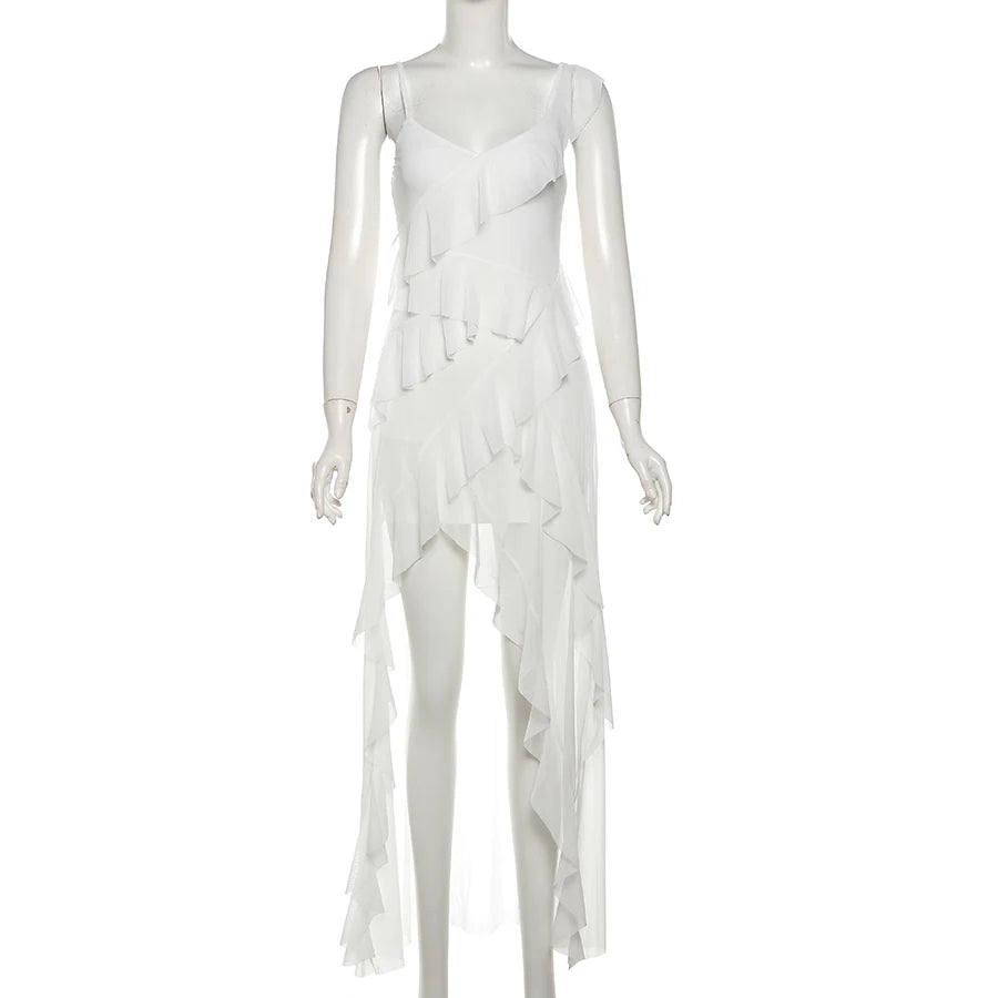 Sylcue White Sweet Gentle Mature Sexy Beautiful Summer Street Out Women'S Thin Perspective Tassel Design Long Sling Dress
