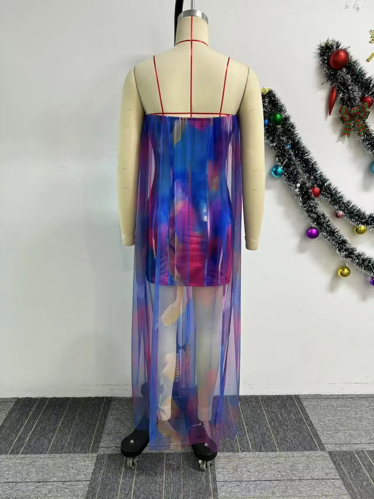 CM.YAYA Women Sleeveless Tie Dye Print Strapless Mesh Bodycon Midi Long Maxi Dress 2025 Birthday Club Party Vestido Sexy Dresses