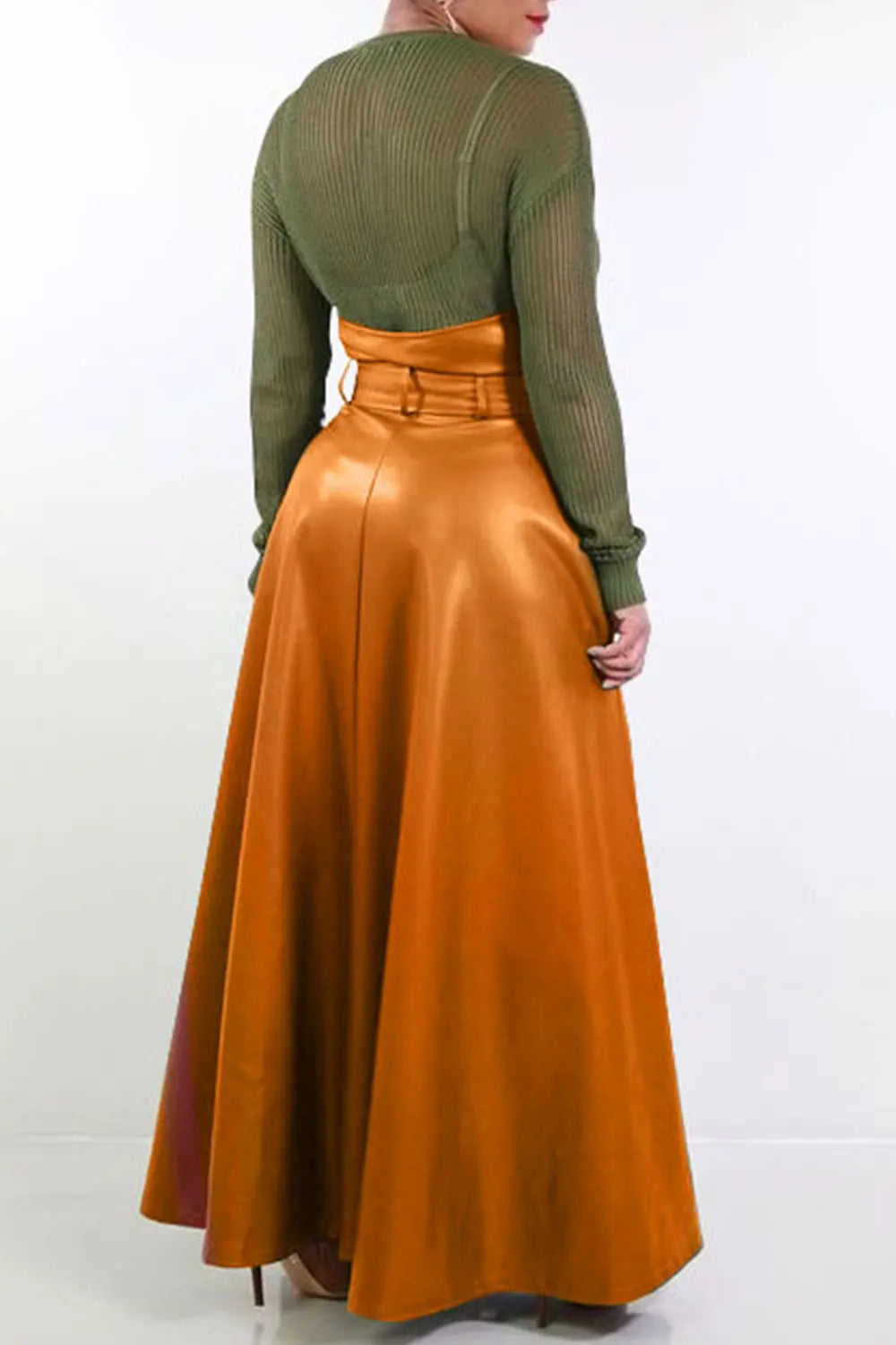 Plus Size Semi Formal Skirt Brown Casual Fall Winter Long Split PU Leather Skirt
