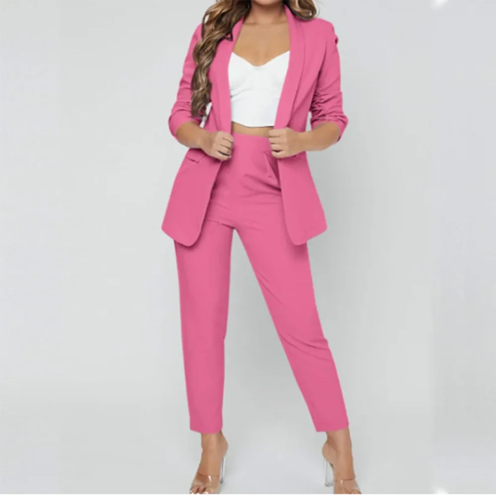Fashion Chic Rose Red Khaki Conjuntos De Pantalones Two-pieces (Jacket+Pants) Peak Lapel Single Breasted Office Lady Full Set