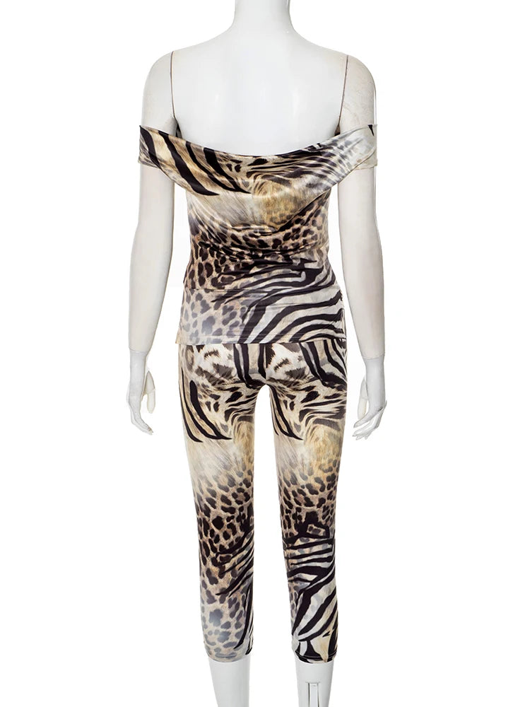 Weird Puss Leopard Print Fashion 2 Piece Set Women Slash Neck Backless Top+Skinny Peach Hip Crop Pants Hottie Hipster Streetwear