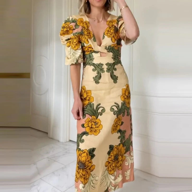 Casual Women's Beach Long Dresses Sexy Deep V Neck Puff Sleeve Party Dress New Summer Retro Printed High Waisted Dress Vestidos