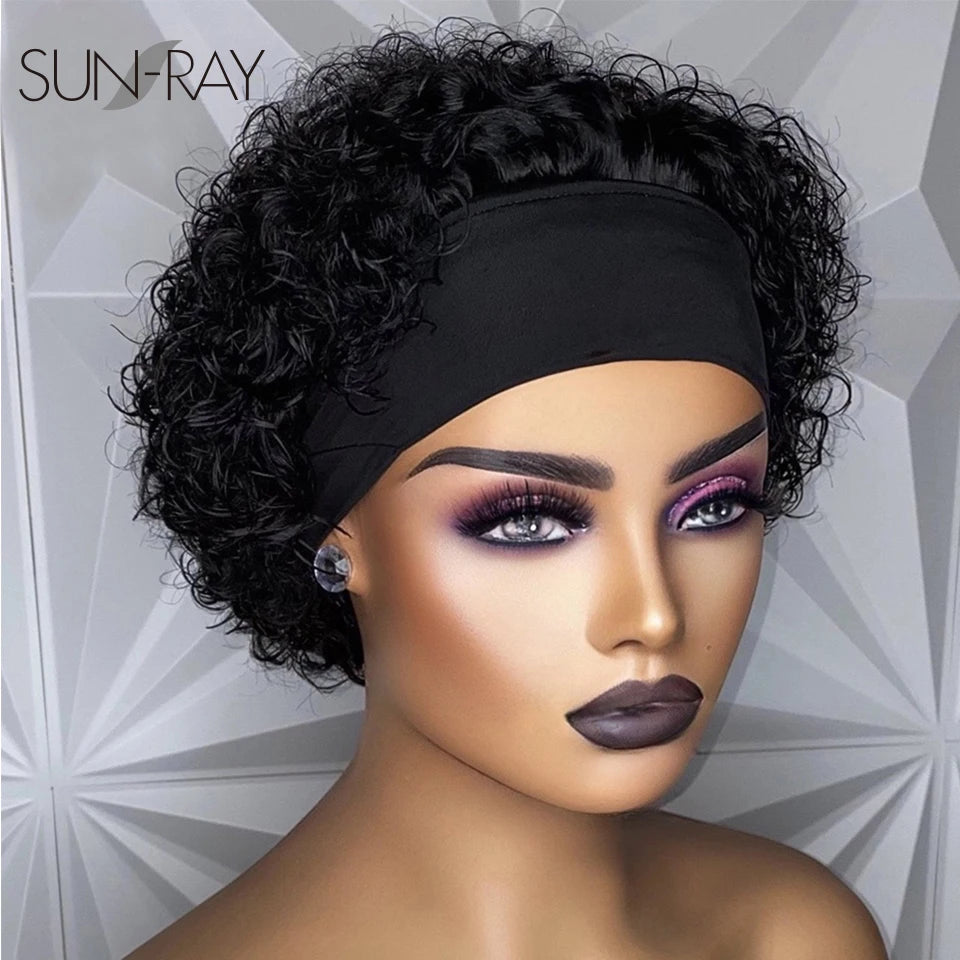 Short Curly Pixie Cut Headband Wig Water Wave Remy 100% Brazilian Human Hair Scarf Wigs For Women Machine Made Long Straight Wig