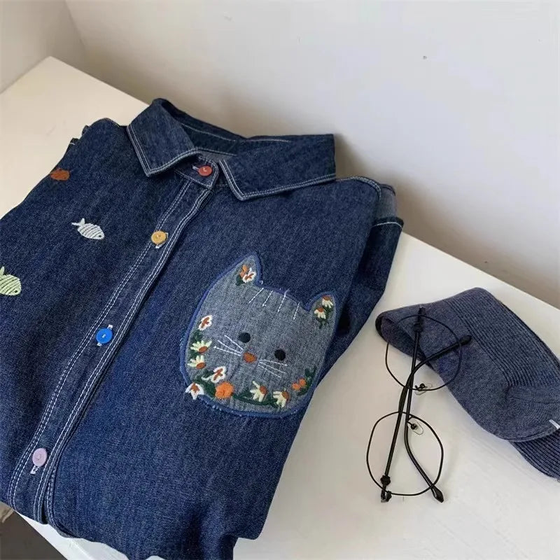 Korean retro dark blue denim long-sleeved shirt women's spring and autumn new fashion plus size loose coat embroidered shirt top