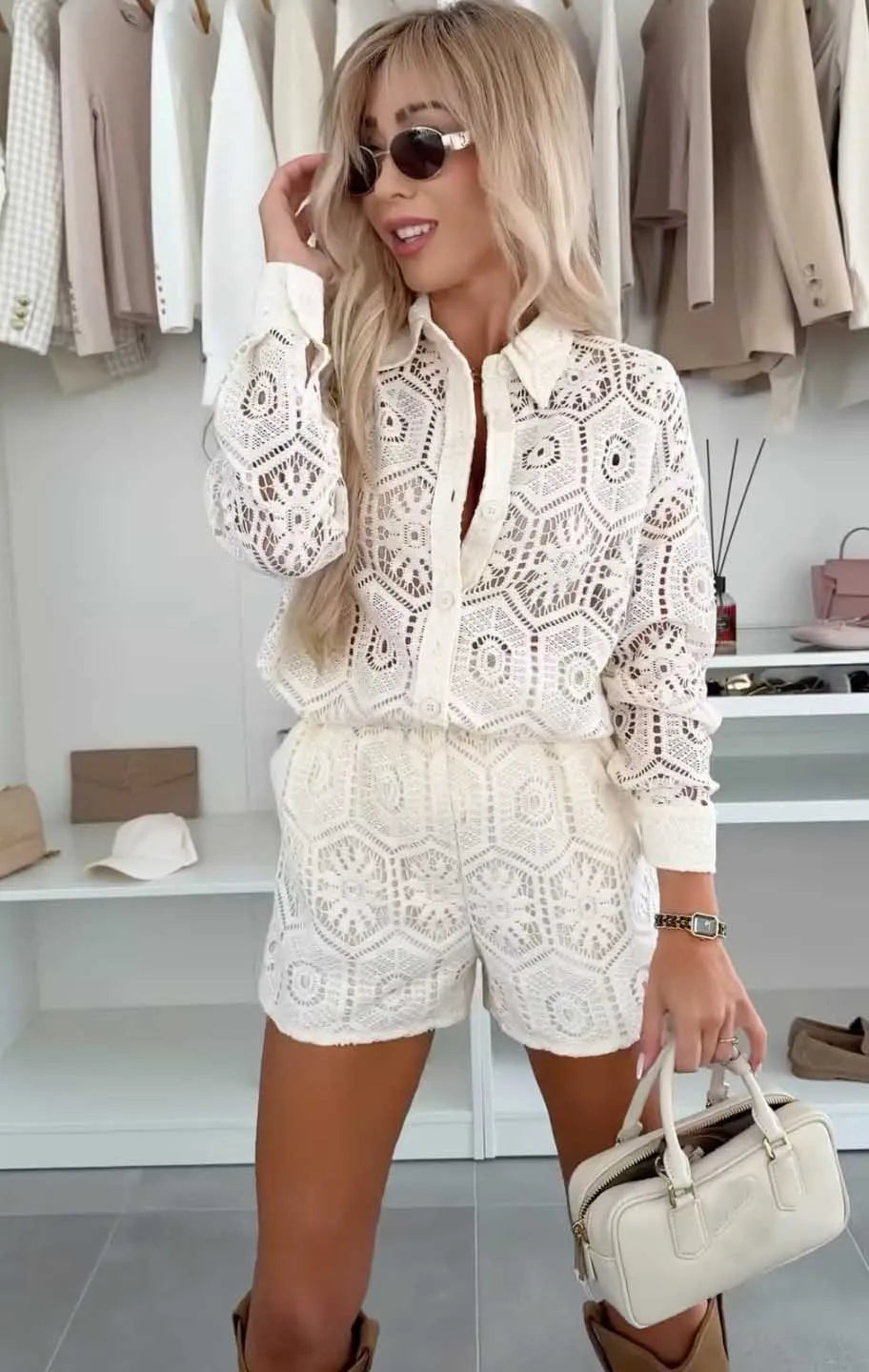 Summer White Lace Shirt Shorts Sets Women Spring Summer Long Sleeve Button Top Shorts 2 Piece Set Elegant Party Outfits Femme