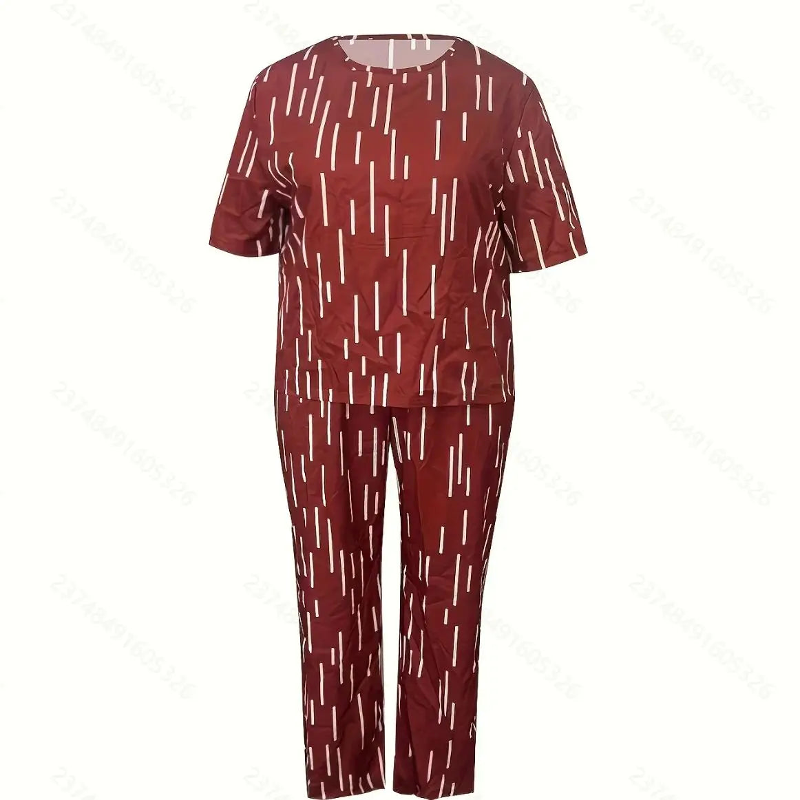 Wide leg pants set Short sleeve top Round neck Striped print Casual style Loose fit Burgundy Resort wear Simple and stylish Comf
