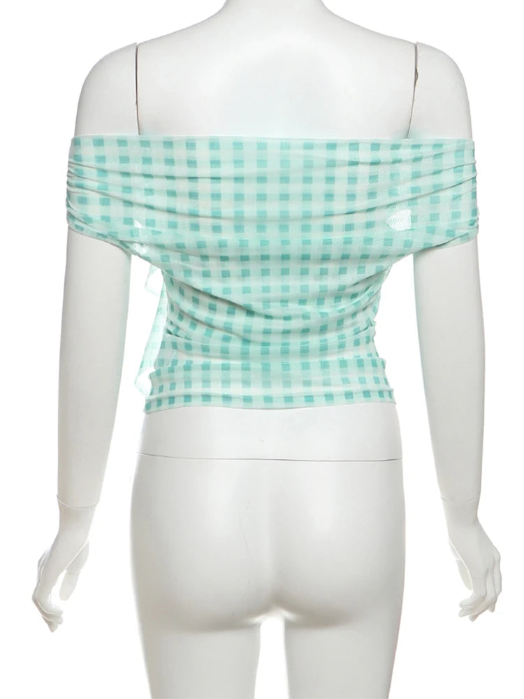 Weird Puss Plaid Print Applique Tops Women Mesh See Through Off Shoulder Backless Tassel Hot Girls Street Fashion Trend T-Shirts