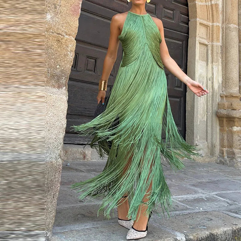 Tassel High Waisted Slim Women's Banquet Dress Sexy Hanging Neck Hollow Solid Long Dress Fashion Sleeveless Cocktail Party Dress