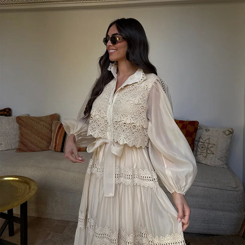 Embroidered maxi Dress Women Lapel Hollow Fashionable Short Sleeve Belt High Waist long Dresses Female Summer Chic robe