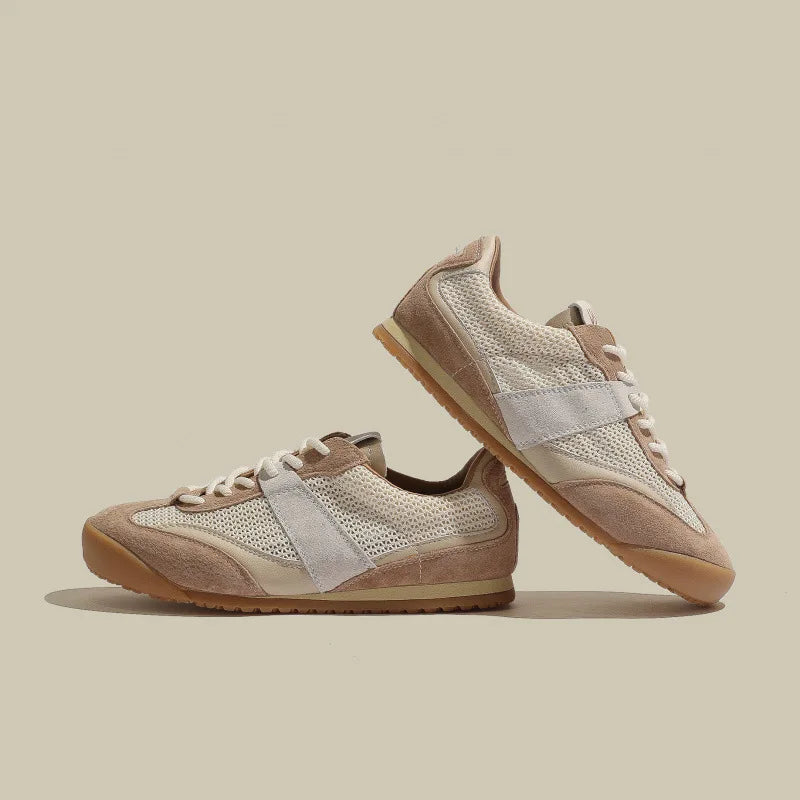 Retro Breathable Leather Mesh Lace-Up Sneakers for Women