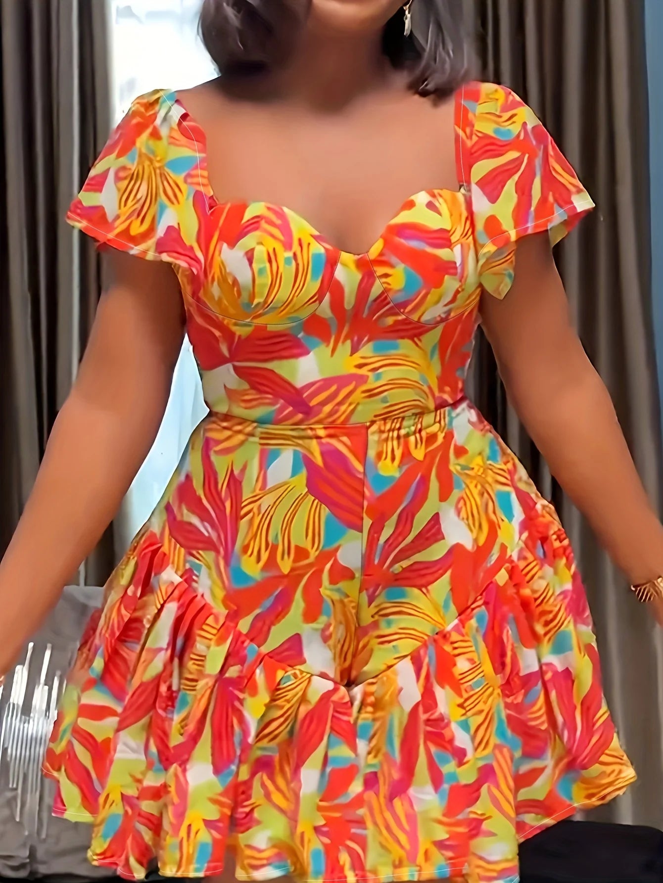 Multi Colored Leaf Print Square Collar Pleated Sleeves Jumpsuit