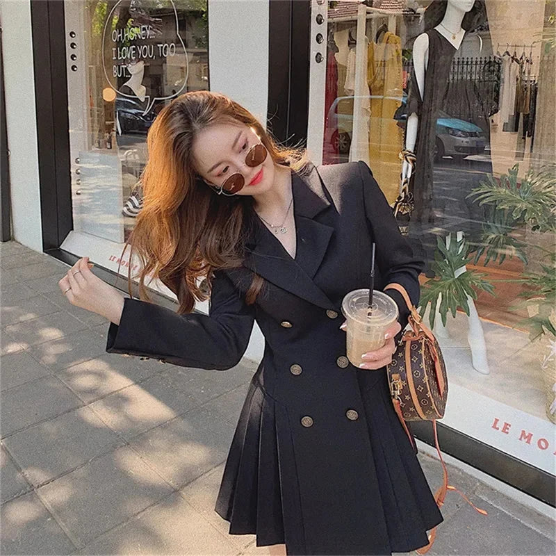 4XL Women's Fat mm Hepburn Double breasted Blazer Suit Dress Autumn and Winter Waist Shrinking Long Sleeve Pleated Dress Orange