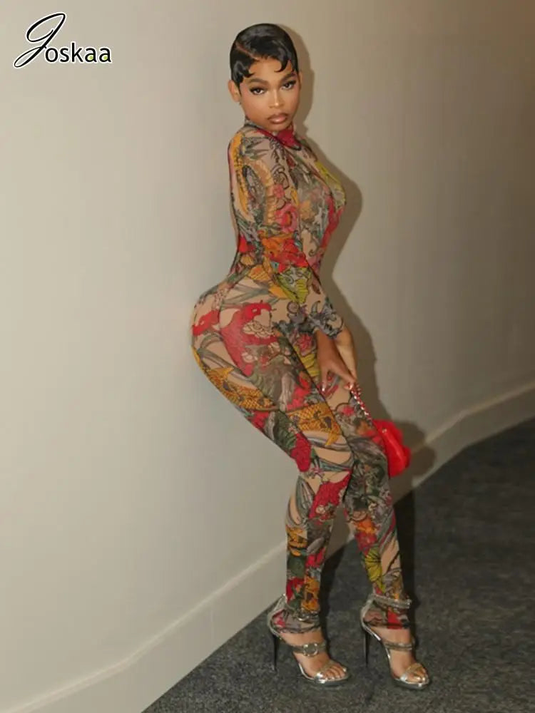 Joskaa Colorful Print Mesh Backless Jumpsuit Women Sexy See Through Full Sleeve Skinny Overalls 2025 Coquette Midnight Clubwear