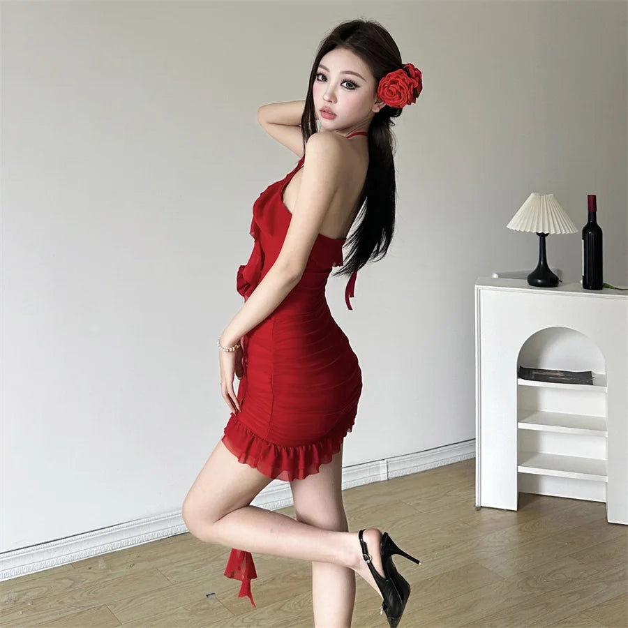 Sylcue Spring New Sweet Gentle Red Sexy Confident High Street Mature Beautiful Cool Women'S Short Ruffled Halter Dress