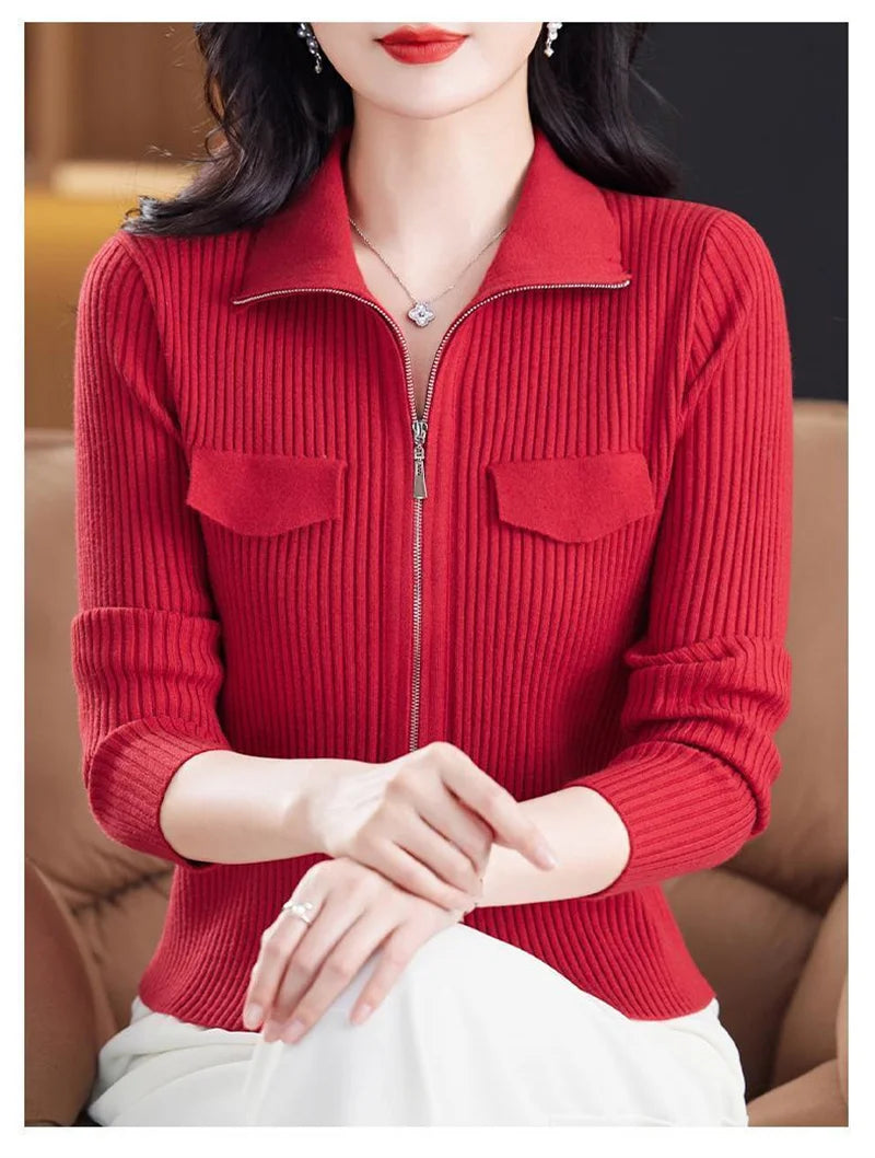 Fashion Zipper Short Knitted Cardigan Sweater 2025 Spring Autumn New Korean Versatile Coat Top Turn-Down Col Sweater Solid Color