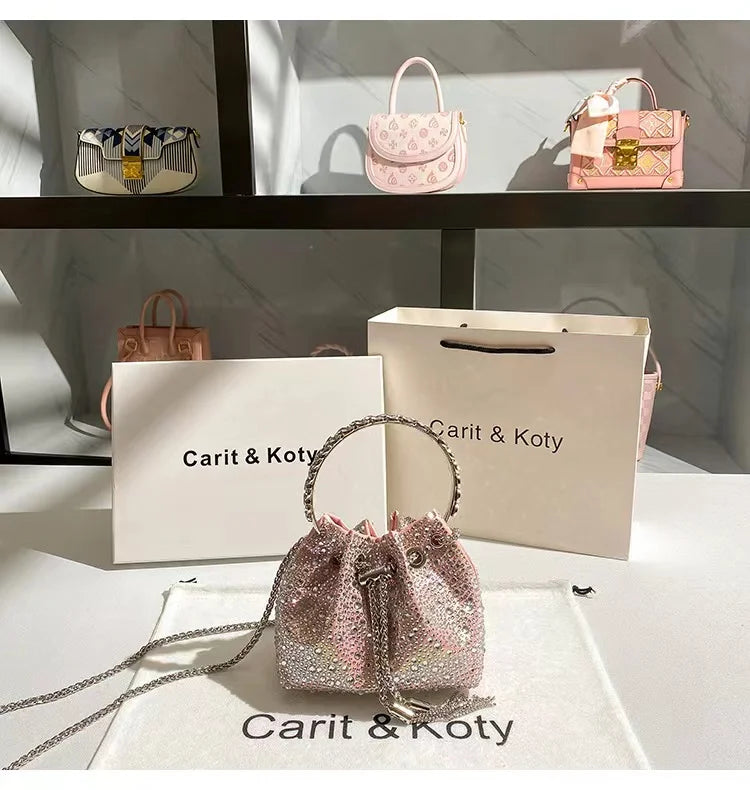 Crystal Shiny Diamonds Bucket Bag Fashion Women Handbag Metal Ring Handle Evening Bag Wedding Party Clutch Purse Crossbody Bag