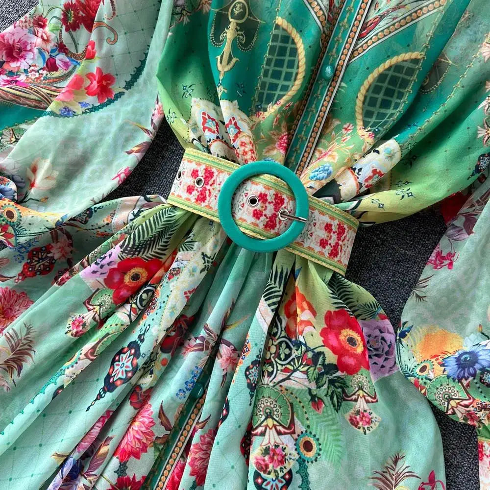 Women's Turtleneck Lantern Sleeve Single Breasted Flower Print Maxi Dress Autumn Bohemian Chiffon Green Belt Holiday Vestidos