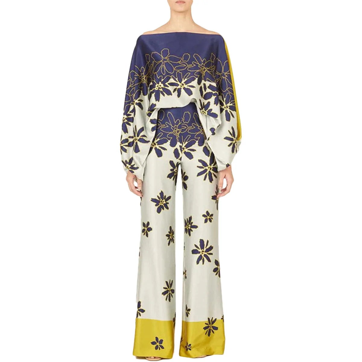 CM.YAYA Women Set Full Batwing Sleeve Slash Neck print Top + Wide Leg Pants Summer Street Two 2 Piece Sets Sexy Outfit Tracksuit