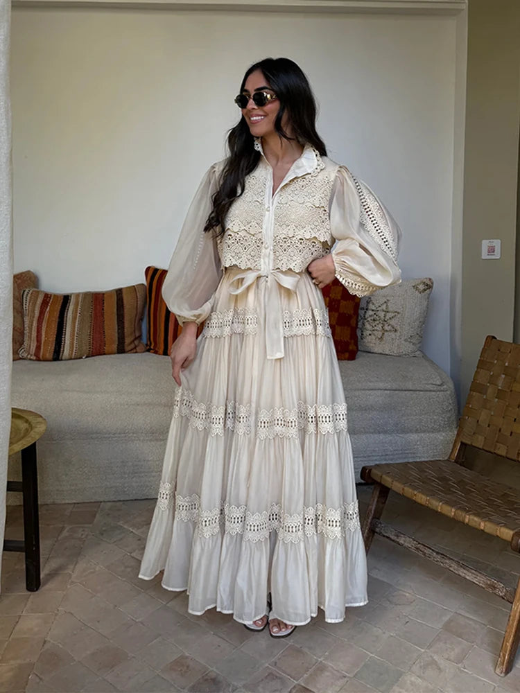 Embroidered maxi Dress Women Lapel Hollow Fashionable Short Sleeve Belt High Waist long Dresses Female Summer Chic robe