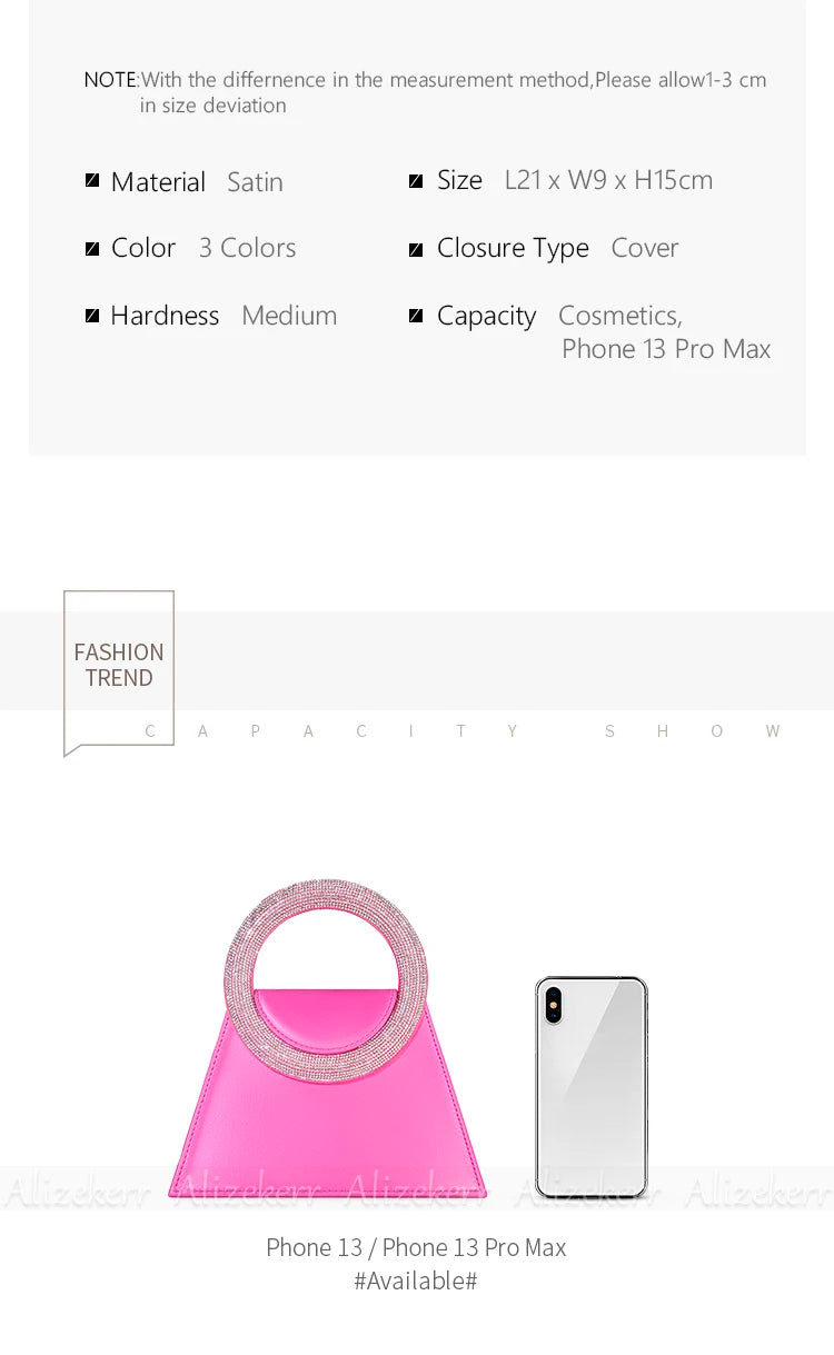 Bling Rhinestone Satin Handbags Women 2023 Elegant Boutique Round Crystal Handle Trapezoid Evening Clutch Purses Wedding Party