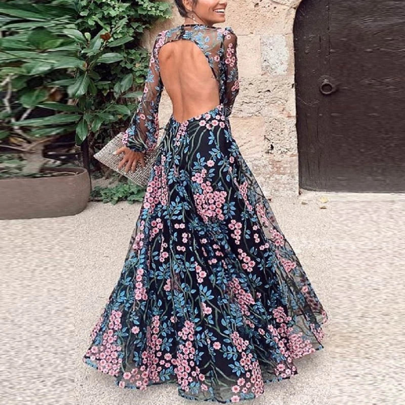 Sexy Backless Bohemian Evening Dress Spring Mesh Long Sleeve Party Dresses Vintage Chic Women O Neck Floral Print Dress Vestidos