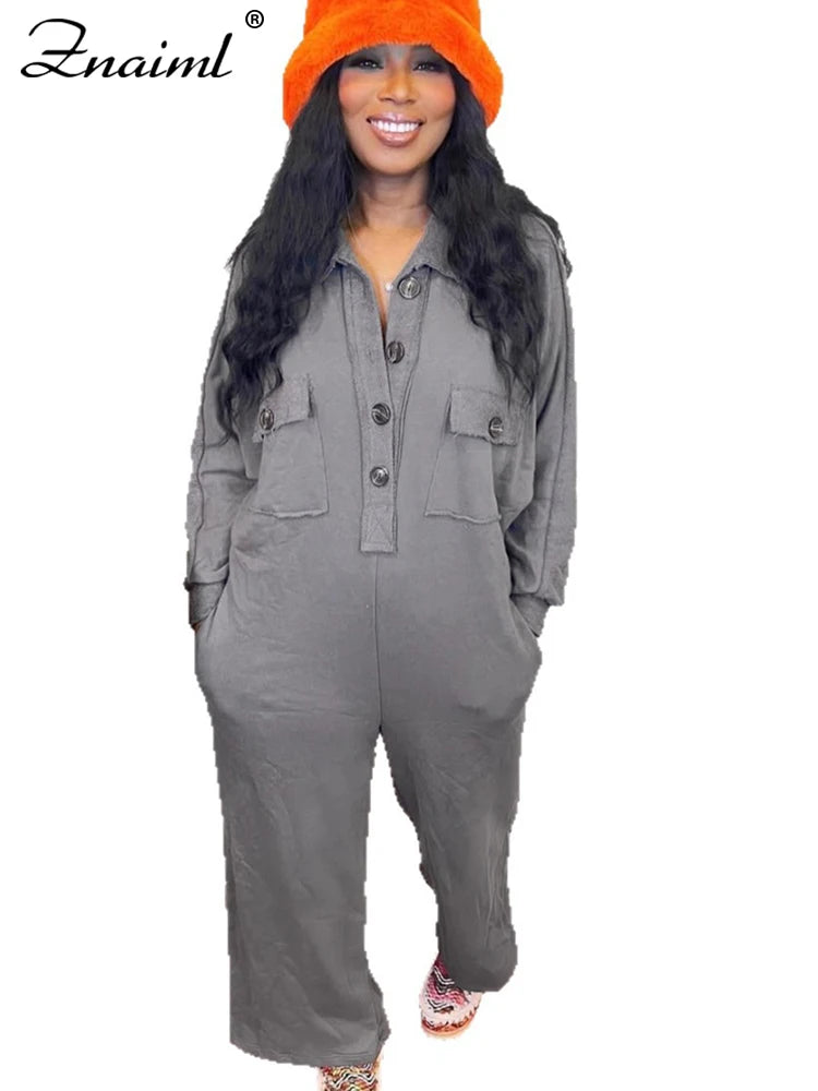 Znaiml Women's Long Sleeve Pocket Jumpsuit Casual Loose Wide Leg Pants Orange Shirt Rompers One Piece Autumn Streetwear Outfit