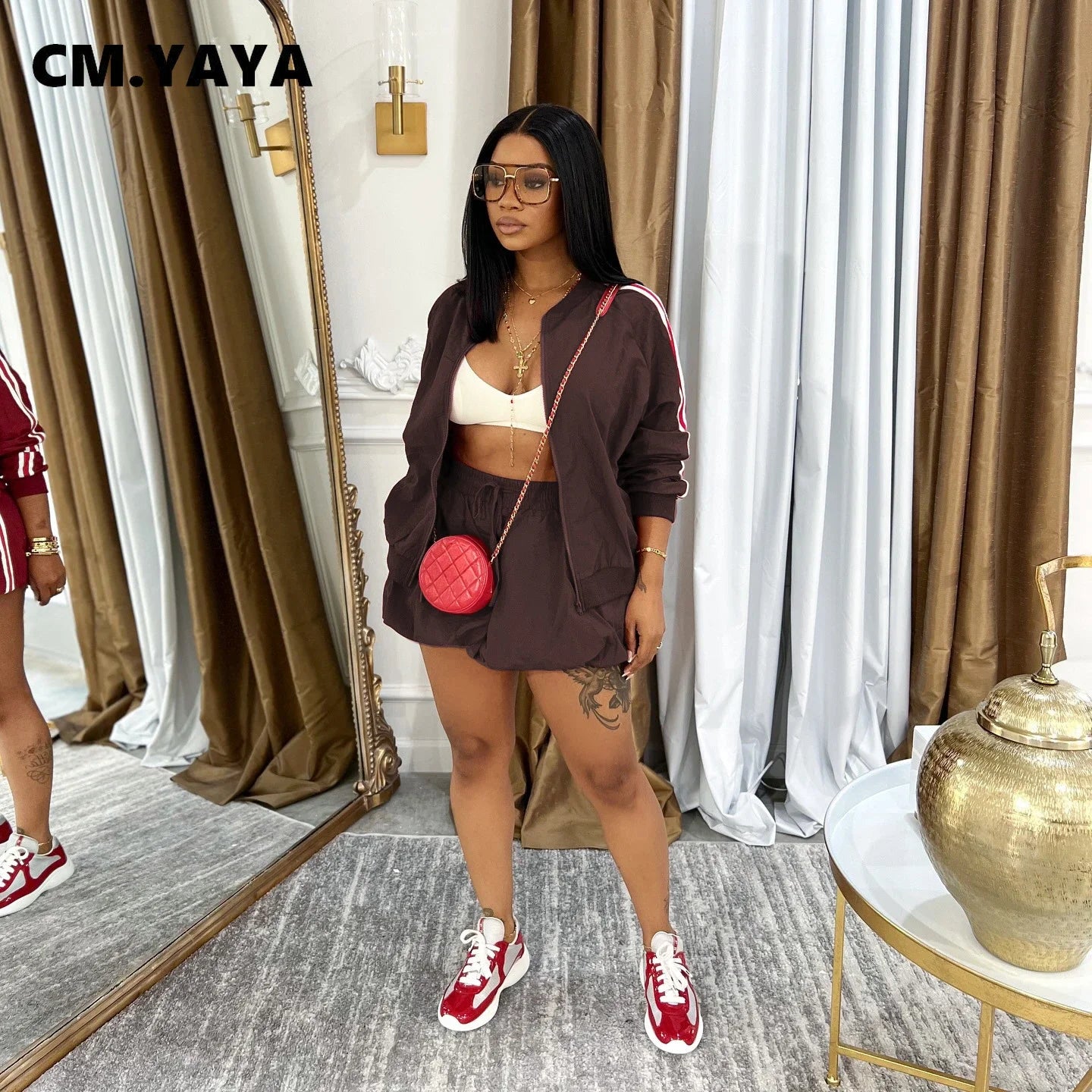 CM.YAYA Women Mini Skirts Set +Full Sleeve Striped Sweatshirt Two 2 Piece Set Outfits Fall Casual Street Night Club Cute Outfits