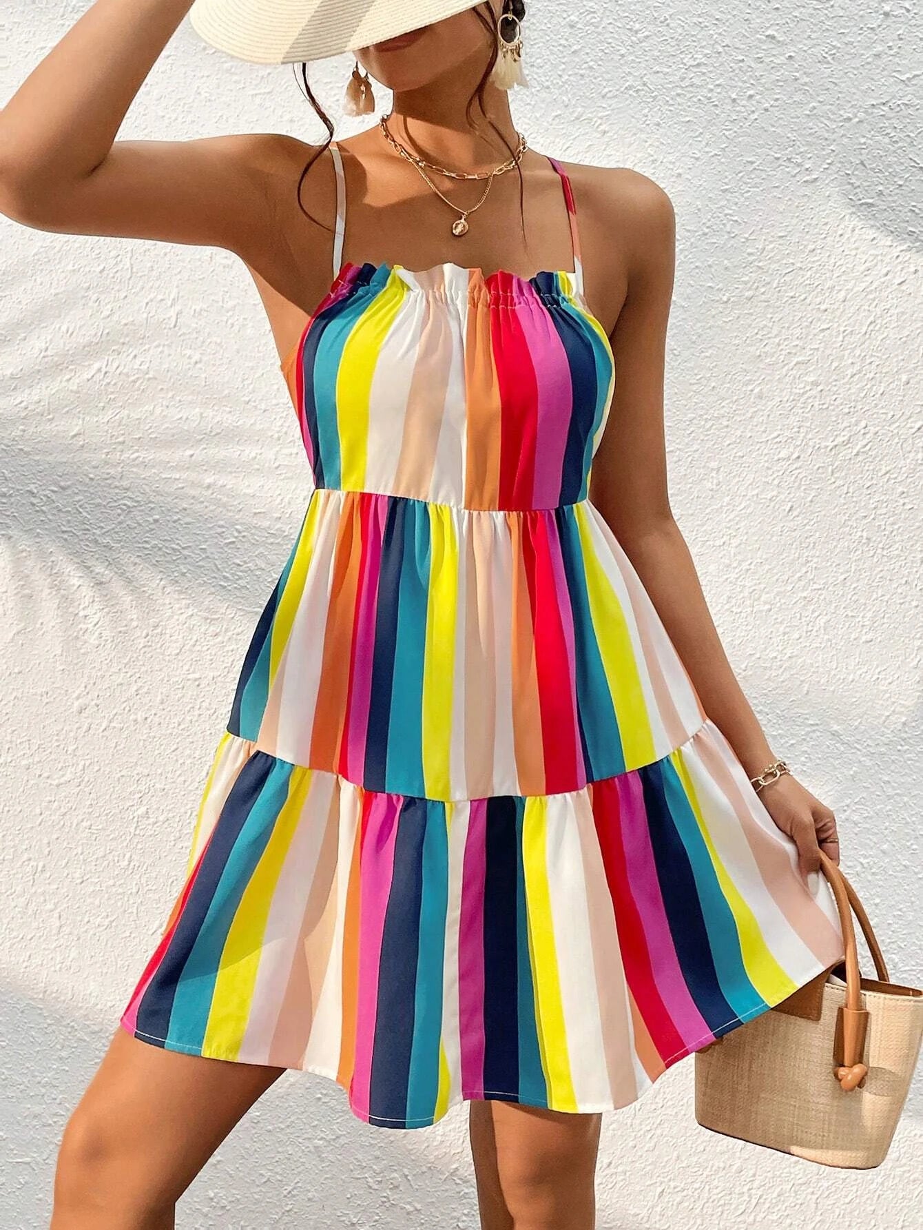 Rainbow Stripesd Printed Strappy Backless Ruffled Hem Suspender Dress 1069
