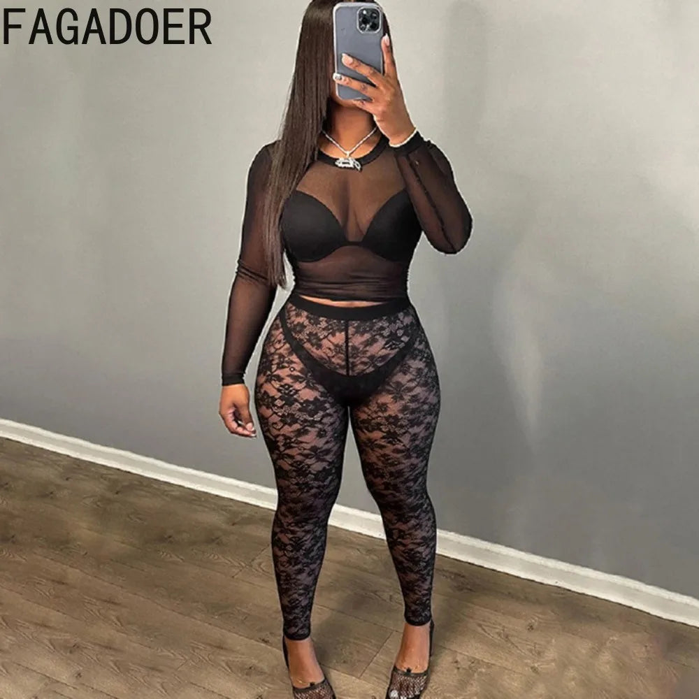 FAGADOER Sexy Mesh Leggings Pants Women Black See Through Hollow Out Skinny Lace Pants Female Party Club Streetwear 2025 New