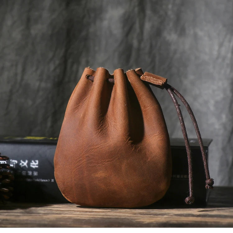 LUOKIR Men's Genuine Leather Coin Purse Simple Vintage Small Card Bag Women's Cowhide Wallet Keys Money Drawstring Storage Bags