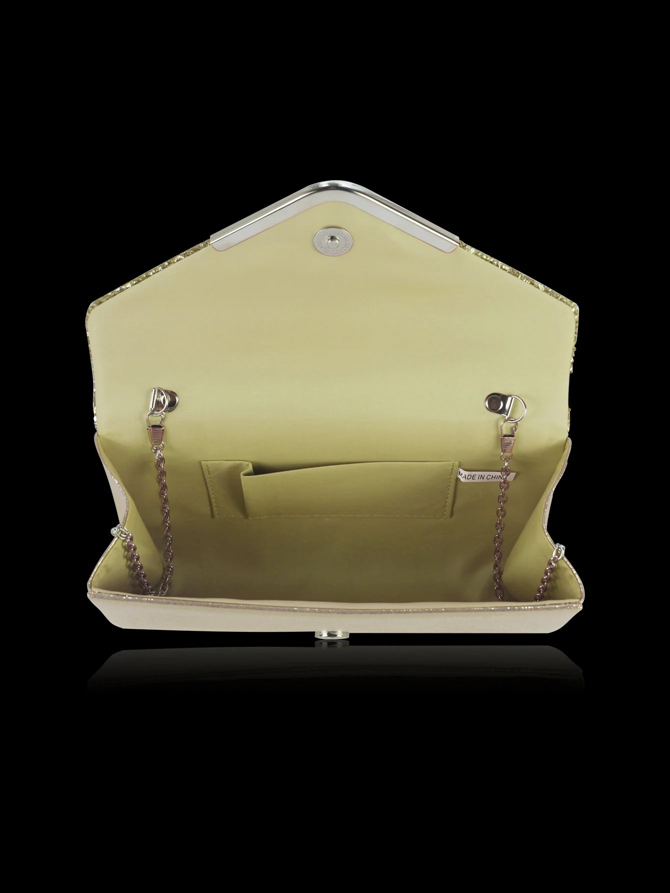 Sparkling and luxurious sequined evening clutch for women, paired with a gorgeous rhinestone necklace, earrings and bracelet set