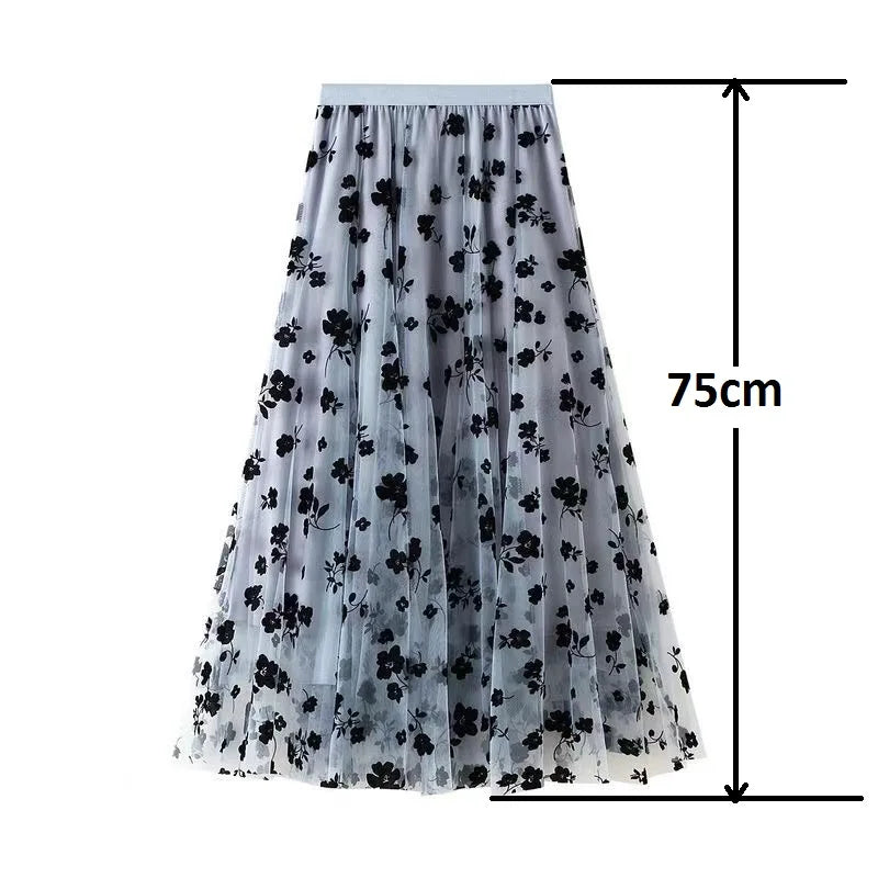 Flocking Floral Pirnted Long Mesh Skirt for Women, High Waist, Max Pleated Tutu, Tulle Skirt, Gauze Skirt, Female, 2025