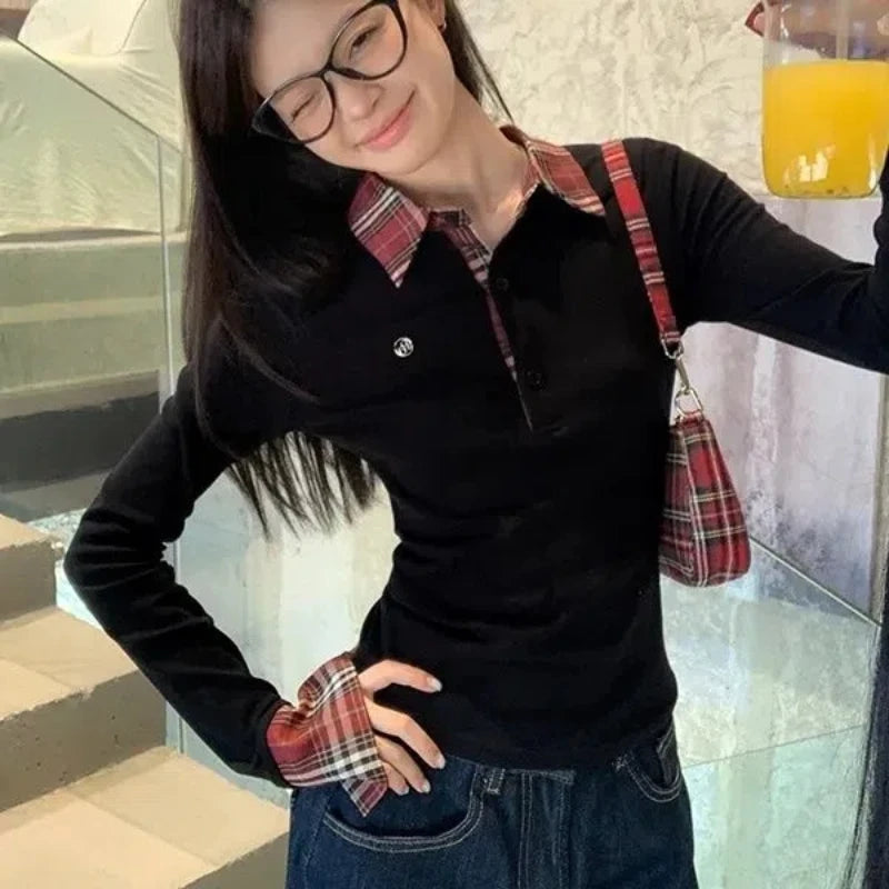 Polo Neck Plaid Patchwork Embroidery Fake Two Piece Tee for Women