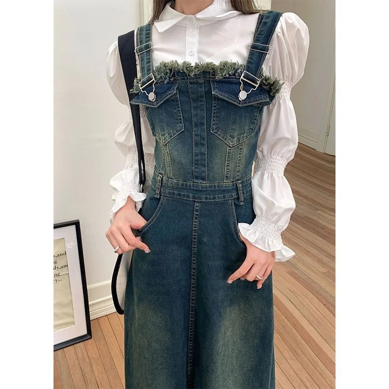 2023 New Women's Spaghetti Strap Denim Strap Two Piece Set Sling Dress Denim Suit Jeans Dress And White Shirt SRetro Denim Dress