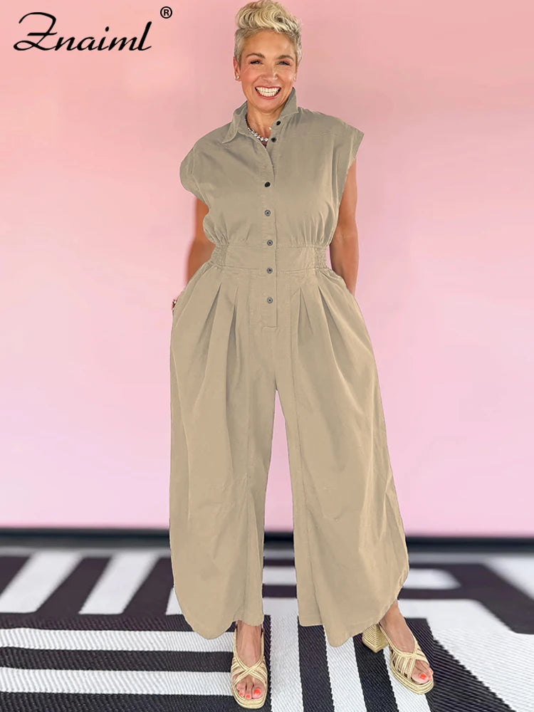 Znaiml Casual Loose Pocket Jumpsuit Women Sleeveless Button High Waist Wide Leg Rompers Street Overalls One Pieces Cargo Pants