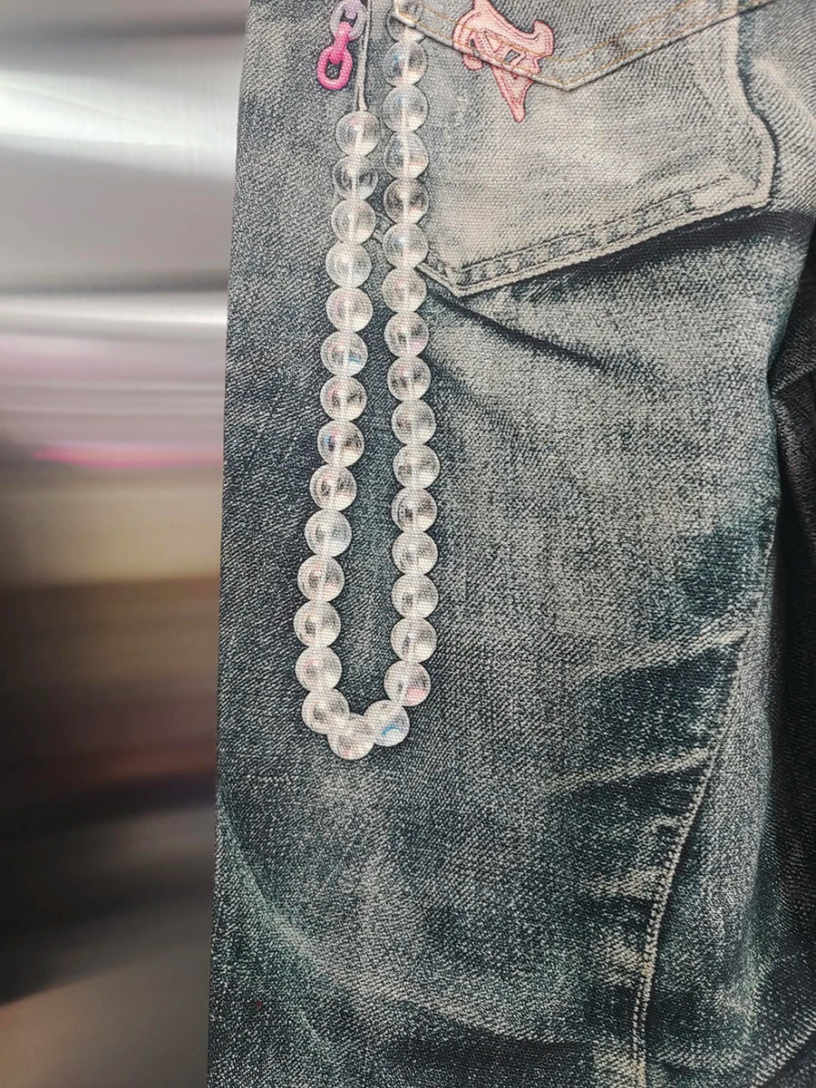 VGH Spliced Colorful Beading Chain Jeans for Women High Waist Patchwork Distressed American Retro Spring Trousers Female Style