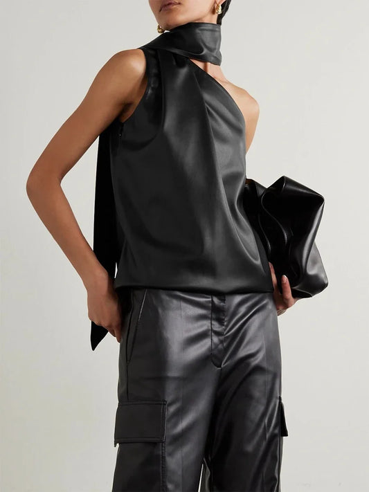 Gymystars 2025 New Summer Sleeveless Asymmetric Black Vest Tops Original Creation Solid Color High Neck Top For Women