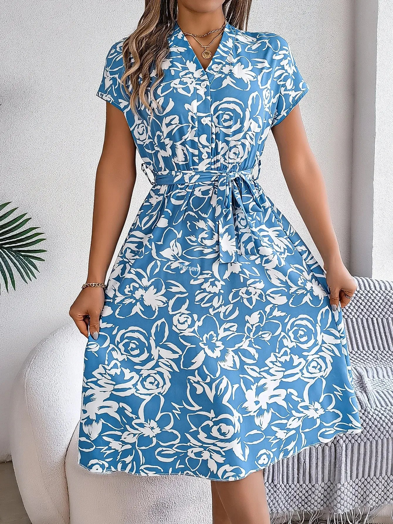 Casual V-neck Button Batwing Sleeve Floral Maxi Dress Spring Summer 2024 Women's Clothing Cross-Border Fashion Dress