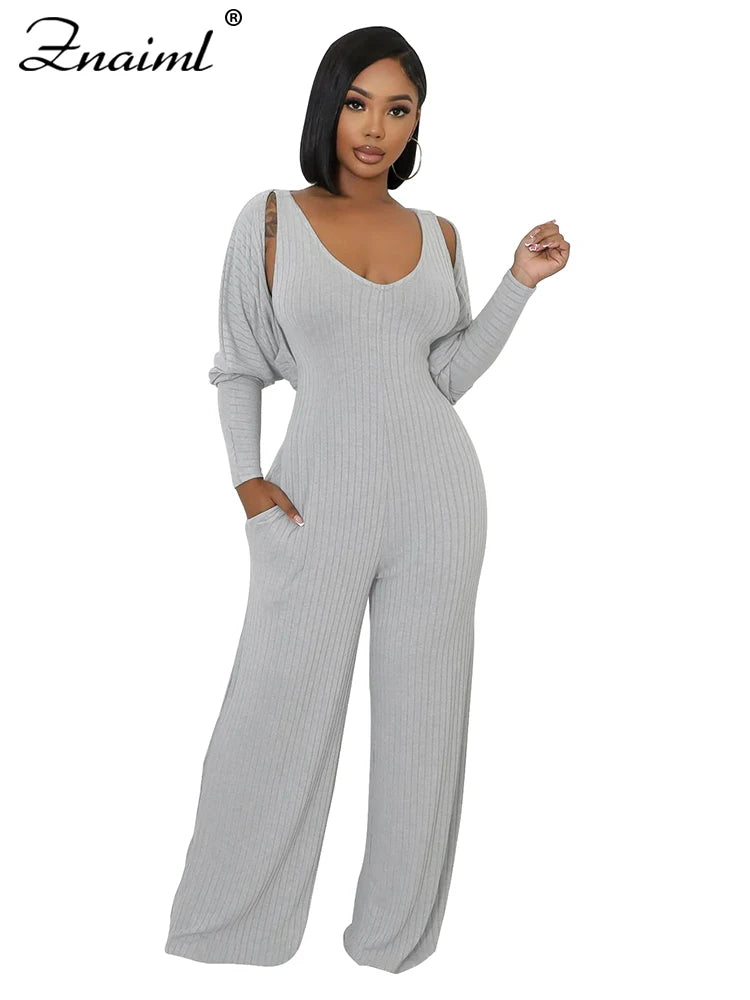 Znaiml Blue Knitted Ribber Wide Leg Pants Jumpsuits and Crop Coat Tops Two 2 Piece Women Sets Autumn Streetwear Birthday Outfits