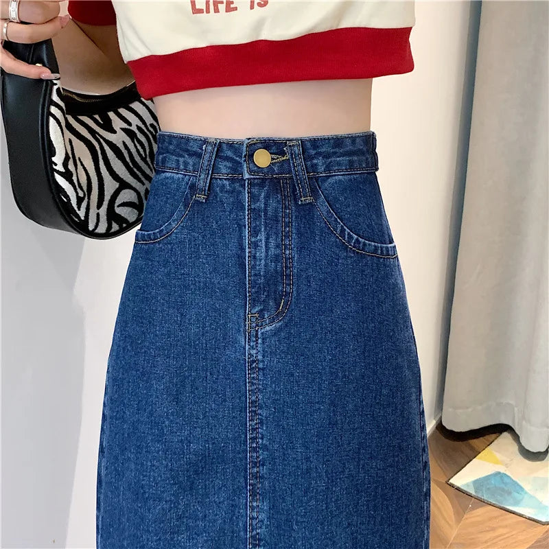 New 2022 Spring-Autumn Medium-Length Denim Skirt For Women High-Waisted Slimming Plus Size Curvy Girls A- Line Hip Covering Skir