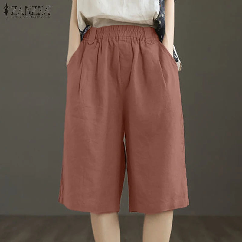 ZANZEA Woman Casual Mid-Length Shorts Elastic High Waist Loose Solid Wide Leg Pants 2025 Summer Holiday Comfort Weekend Shorts