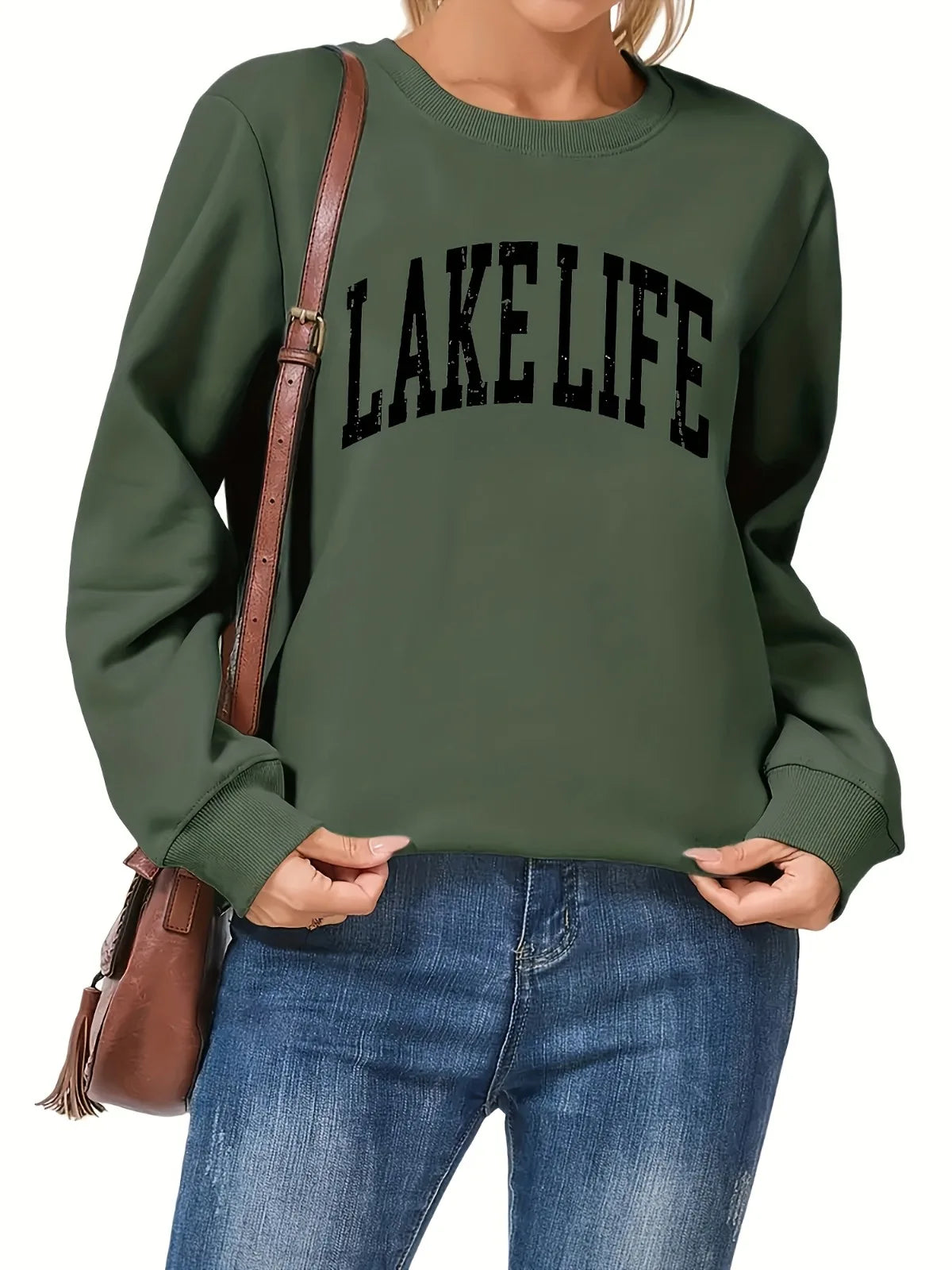 Women's Casual Fashion Sports Lake Life Letter Pattern Printed Hoodie Round Neck Pullover Suitable for Holiday Gifts Sweatshirt