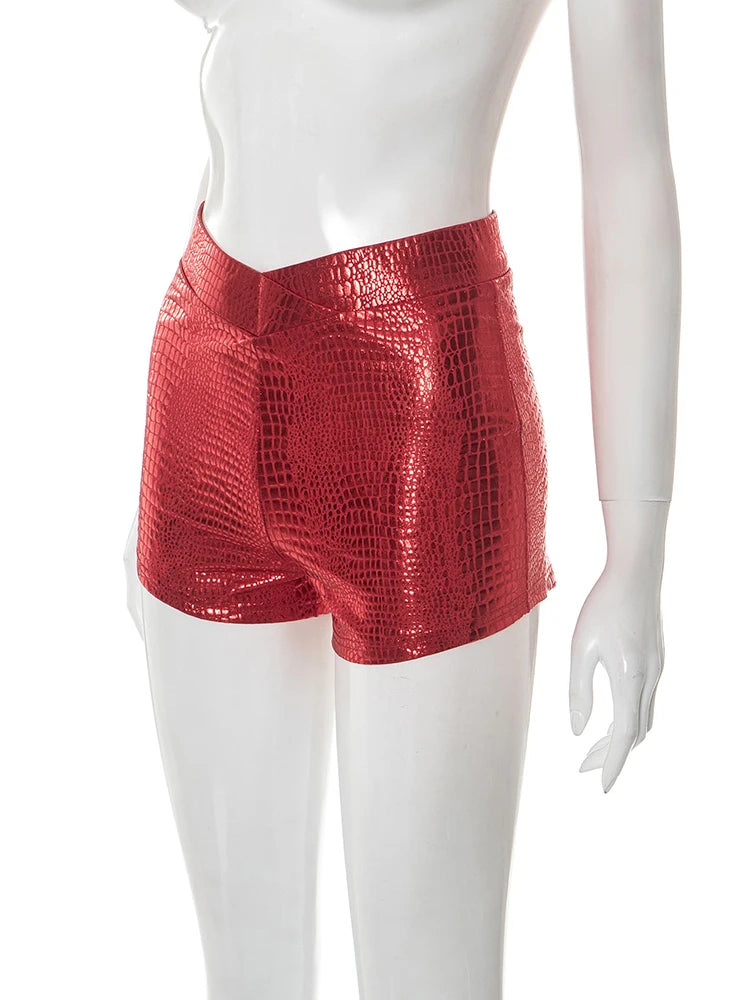 Weird Puss PU Serpentine Leather Shorts Women Elastica Waist Skinny Stretch Summer High Street Style Sexy Fashion Mini Bottoms