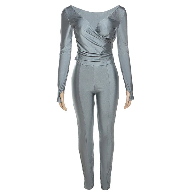 2025 Spring/Summer Women's Sexy Off Shoulder Big V-neck European and American Style High Waist Tight Pants Casual Sports Set