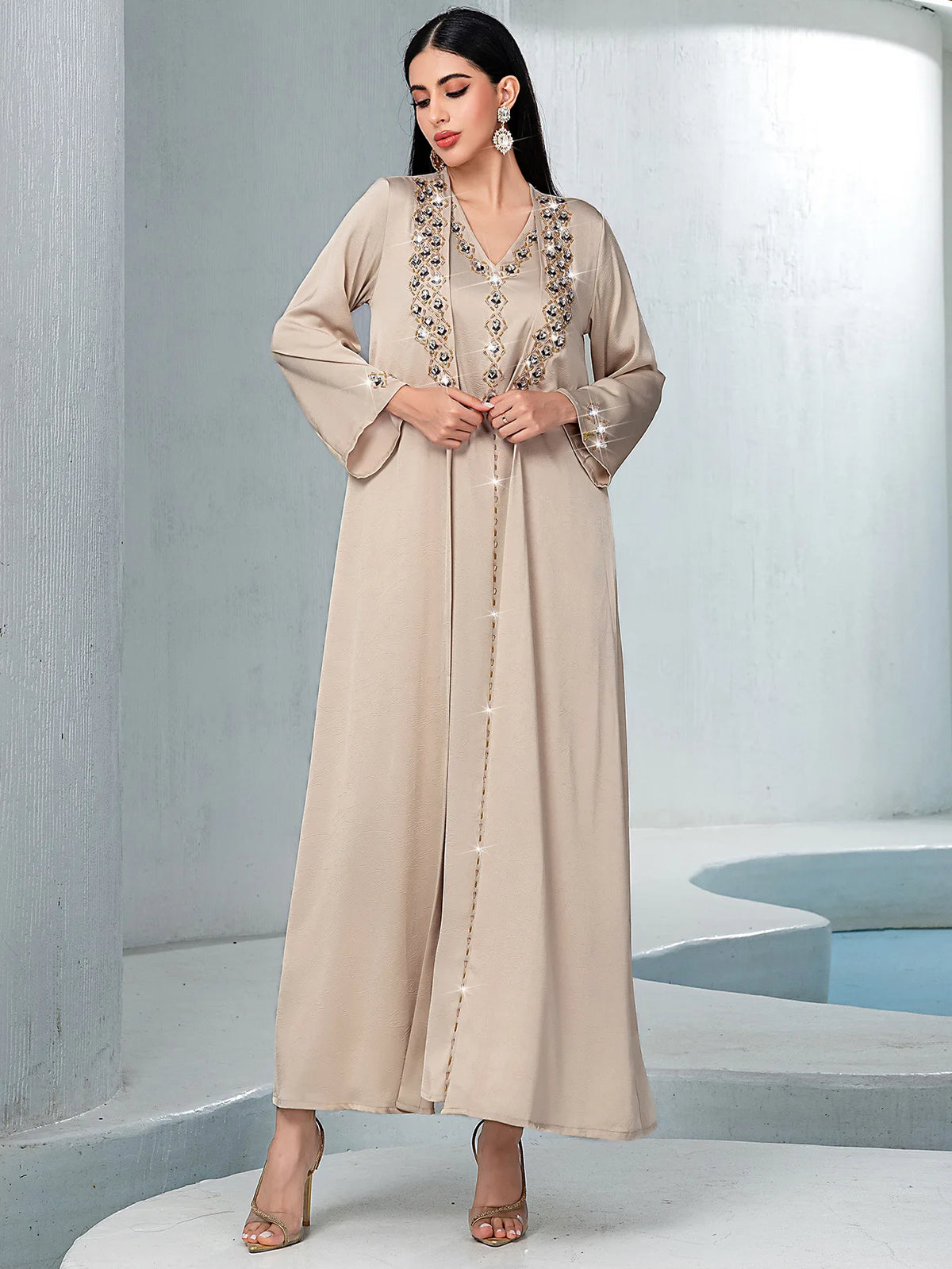 Diamond Embellished Two Piece Abaya Set for Women