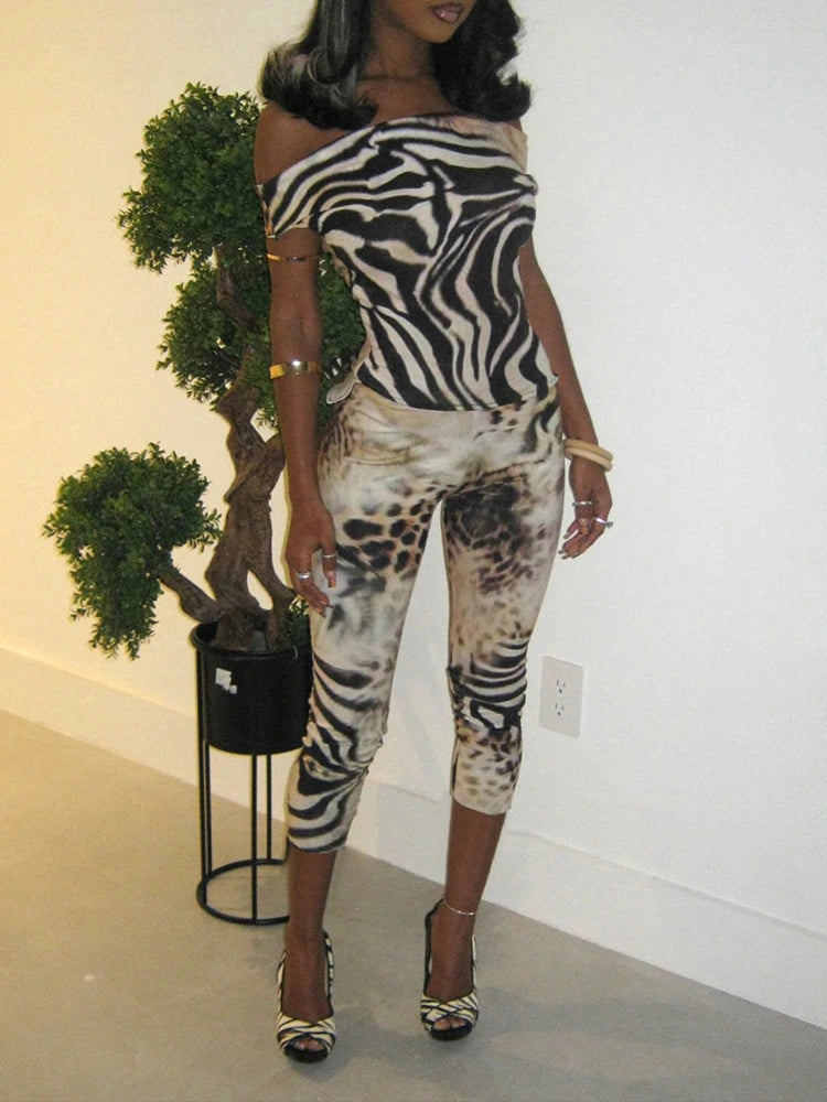 Weird Puss Leopard Print Fashion 2 Piece Set Women Slash Neck Backless Top+Skinny Peach Hip Crop Pants Hottie Hipster Streetwear