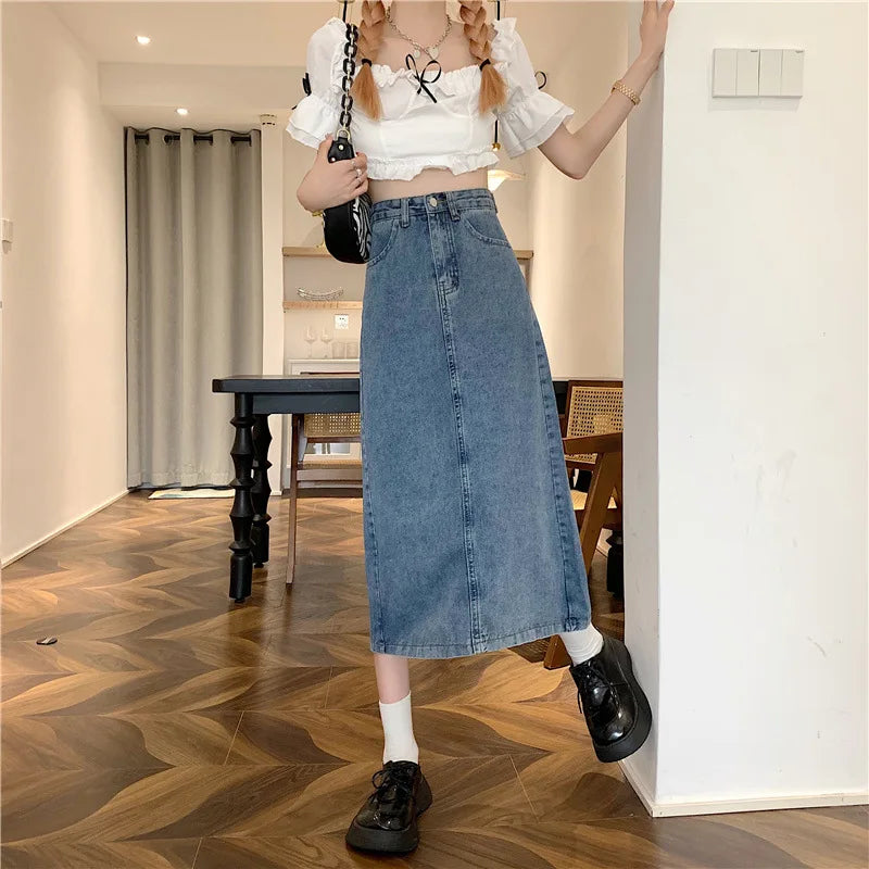 New 2022 Spring-Autumn Medium-Length Denim Skirt For Women High-Waisted Slimming Plus Size Curvy Girls A- Line Hip Covering Skir
